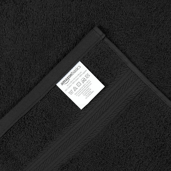 Amazon Basics 6 Piece Fade Resistant Hand Towel, 100% Cotton, Black, 26'' x 16''