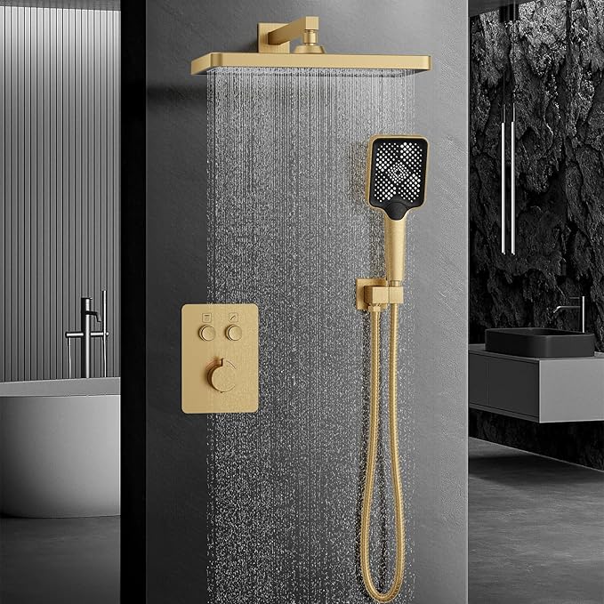 Iriber Thermostatic Shower System Wall Mount with Adjustable Water Flow Push Button Diverter,13 Inch Gold Rectangle Rainfall Shower Head and Handheld,Brushed Gold