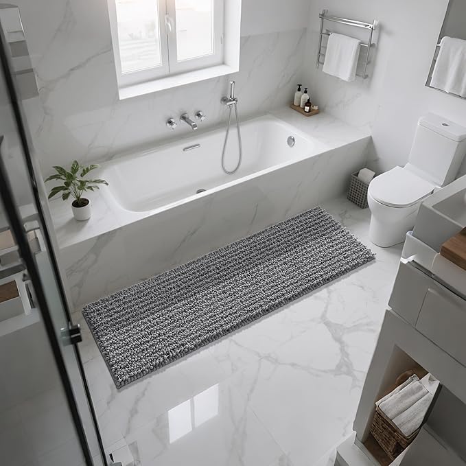 Yimobra Bathroom Runner Rug 60x24 Inch - Extra Long Non Slip Chenille Bath Mat, Soft & Absorbent, Machine Washable Shaggy Hallway Carpet for Vanity Tub Shower, Gray Home Decor Accessories