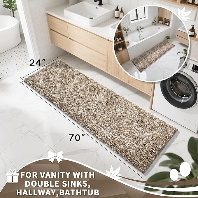 Yimobra Long Bathroom Rugs Runner 70x24 Inch, Extra Thick Soft Absorbent Chenille Bath Mat, Non Slip Machine Washable, Quick Dry Bath Rugs for Bathroom Floor, Tub and Shower, Camel