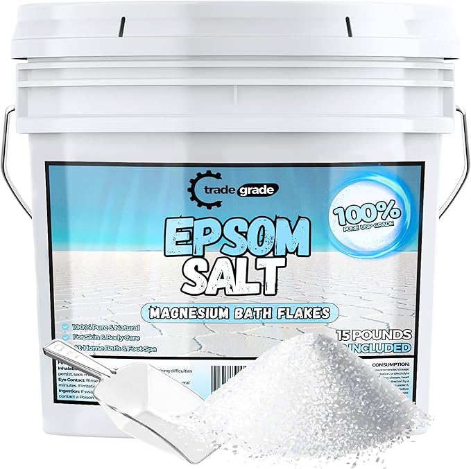 Epsom Salt Bath Soak 15 lb Bucket – Unscented, Pure Epsom Salt Bulk Crystals, Magnesium Sulfate for Full Body or Foot Soaks, Resealable Container with Scoop for Home Bath Use
