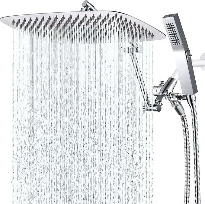 G-Promise All Metal 14 Inches Rainfall Shower Head with Handheld Spray Combo, 3 Settings Diverter, Adjustable Extension Arm with Lock Joints, 71 Inches Stainless Steel Hose (Chrome)