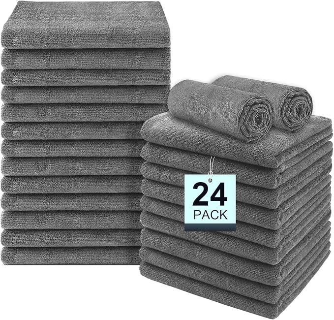 24 Pack Gym Towels Set - Highly Absorbent and Quick Drying Microfiber Salon Towels, Premium Hand Cloths for Bathroom, Gym, Shower, Hotel, and Spa - 16x27 inch (Grey)