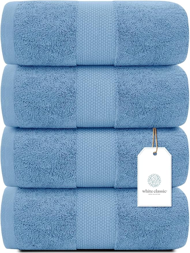 White Classic Luxury Bath Towels Set of 4 Large - 700 GSM Cotton Ultra Soft Bath Towels 27x54 | Highly Absorbent and Quick Dry | Hotel Towels for Bathroom Luxury, Plush Shower Towels, Light Blue