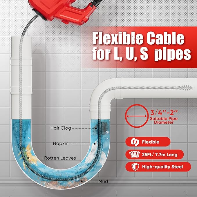 SHALL 20V Cordless Drain Auger with 25Ft Plumbing Drain Snake, Electric Snake Drain Hair Clog Remover W/ 2.0Ah Battery & Fast Charger, Shower Drain Snake for 3/4’’-2’’ Sewer Pipe, Sink Toilet Bathroom