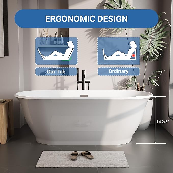 67 Inch Acrylic Freestanding Bathtub, Bathtub with Matte Drain and Overflow, Modern Square Tub, Deep Ergonomic Design, cUPC Certified, Double-Walled Insulation, Easy Install and Safe Use, Grey