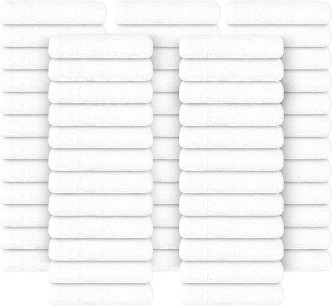 Tens Towels Pack of 60 Washcloths, 12 x 12 Inches, Lighter Weight, Quick to Dry, Super Soft & Absorbent, Gentle Face Towels, Hotel Quality, Perfect for Bathroom, Gym, Spa (White, 60 Pack)