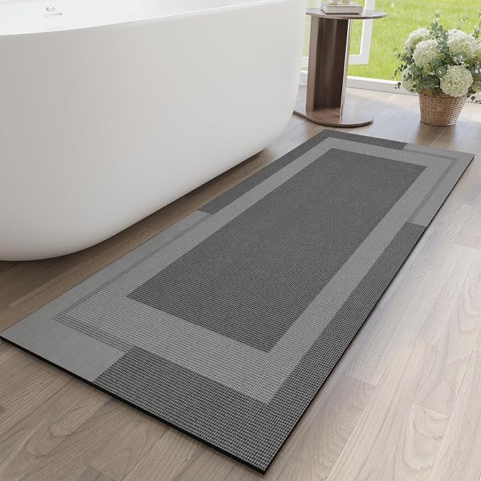 Non Slip Long Bathroom Runner Rug Bath Mat, Rubber Backing Ultra Thin Bathroom Rugs Fit Under Door Quick Dry Super Absorbent Washable Shower Mat for Bathtub Sink Floor, Dark Grey 17"x59"