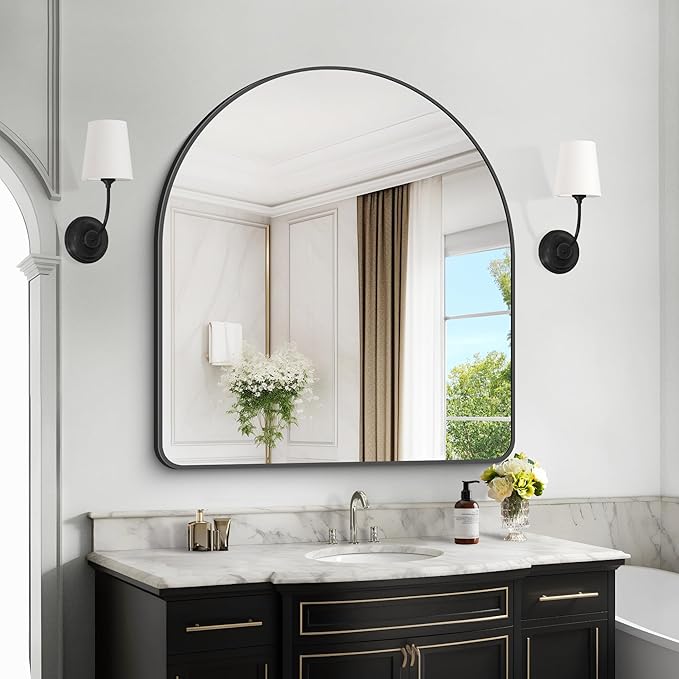 Arched Bathroom Mirror, 36"x40" Black Arched Mirror for Bathroom, Wall Mounted Mirror, Black Vanity Wall Mirror w/Metal Frame for Bedroom, Entryway, Living Room, Vertically Hanging