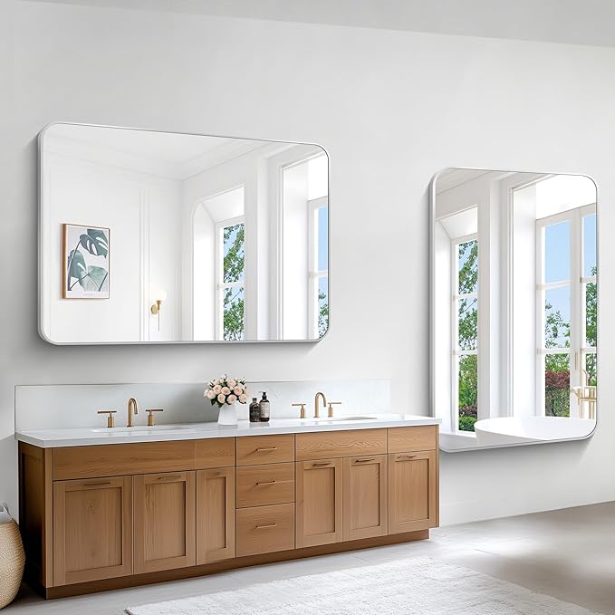 BONEWEI Silver Bathroom Mirror,55x36 inch Wall Mirror for Bathroom Wall Mounted,Rectangle Mirror for Bathroom Over Sink,Modern Frame Round Corner for Living Room,Bedroom Entryway,Horizontal/Vertical