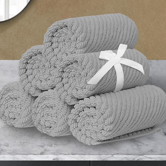 VOOVA & MOVAS Grey Washcloths 6PC (13"x13") - 100% Cotton | Lightweight | Thick | Quick Dry | Soft | Absorbent, Small Hand Towels for Face, Wash Cloths for Bathroom & Showering, Towel Gift Set, Gray