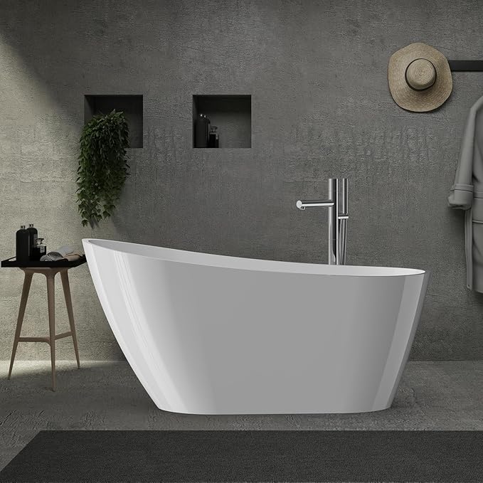 59 in Acrylic Freestanding Bathtub, Contemporary Stand Alone Tub,Glossy White Soaking Tub, with Chrome Overflow and Drain, CUPC Certified