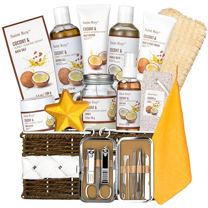 Spa Gift Basket Luxury Bath and Body Basket Set 17-Piece Coconut Honey Almond Christmas Gifts for Women Mom Her Large Luxury Home Spa Kit, Relaxing Self Care Pamper Gifts Birthday Bridal Shower Bath