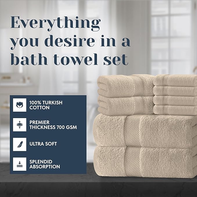 White Classic Luxury Bath Towel Set of 8 Pieces - 100% Turkish Cotton Highly Absorbent Towels for Bathroom, 2 Luxury Bath Towels 700GSM, 2 Hand Towels, 4 Washcloths, Taupe