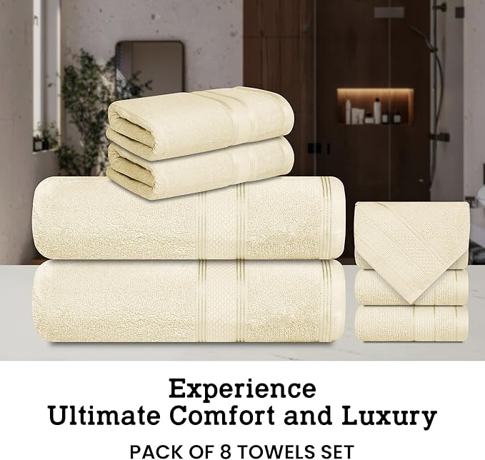 Casa Lino Bath Towel Set of 8 (2 Bath Towels, 4 Wash Cloths & 2 Hand Towels for Bathroom) - 100% Cotton - Highly Absorbent & Quick Dry - Guest Room Essentials for Bathroom Set - (Linen Brown)