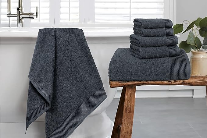 Belizzi Home 100% Cotton Ultra Soft 6 Pack Towel Set, Contains 2 Bath Towels 28x55 inch, 2 Hand Towels 16x24 inch & 2 Washcloths 12x12 inch, Compact Lightweight & Highly Absorbant - Charcoal Grey