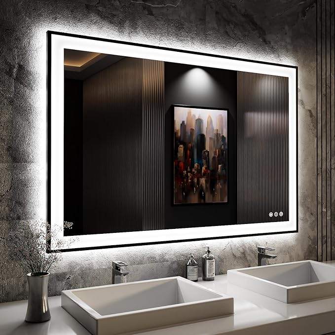ISKM Framed LED Mirror for Bathroom 48"x32", Dimmable LED Bathroom Mirror with Lights, Anti-Fog, Front and Backlit Lighted Mirror 3-Colors, Shatterproof, Memory Function
