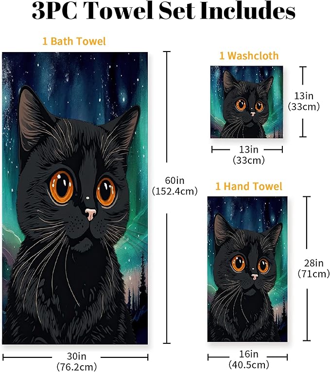 Gaming 3 Piece Towel Bathroom Sets, 1 Bath Towel, 1 Washcloth, 1 Hand Towel, Cotton Fast Dry Soft Absorbent Towel Set for Home Kitchen Family (Black Cat Watercolor)