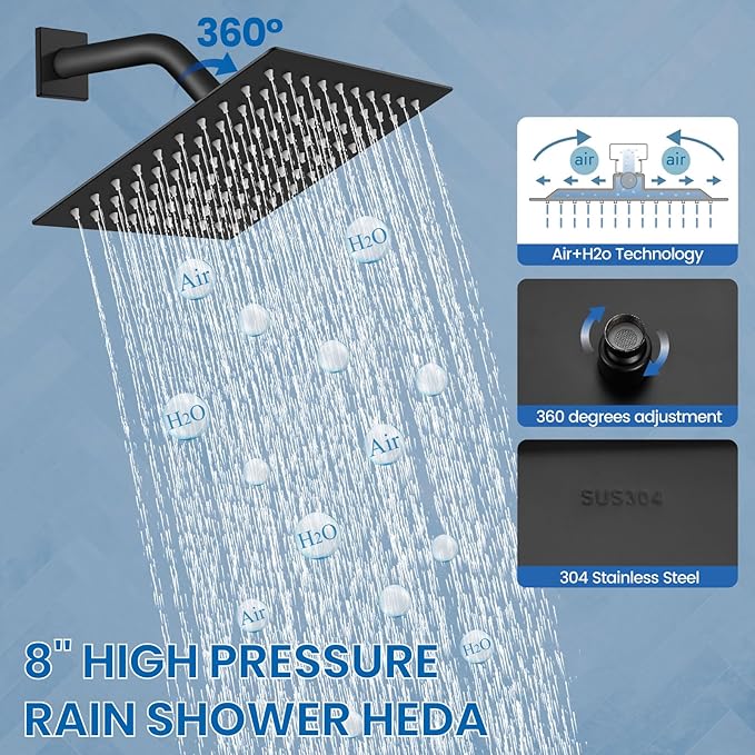 Airuida Shower Faucet Set Bathroom Rain Shower System SUS304 Stainless Steel Single Handle With Male Threads Rough-in Valve Shower Trim Kit 8 Inch Wall Mount Shower Head Matte Black