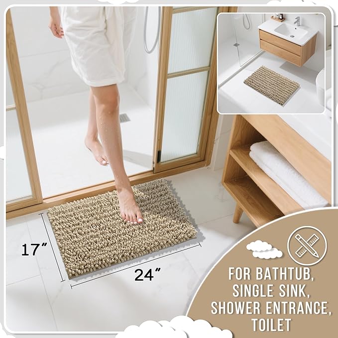 Yimobra Bathroom Rugs Non Slip Washable 24x17 Inch - Ultra Soft Absorbent Chenille Bath Mat, Quick Dry Shaggy Floor Carpet for Tub Shower, Camel Home Decor Accessories