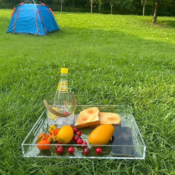 Clear Sturdy Acrylic Serving Tray with Handles-12x16Inch-Serving Coffee,Appetizer,Breakfast,Butler-Kitchen Countertop -Makeup Drawer Organizer-Vanity Table -Ottoman