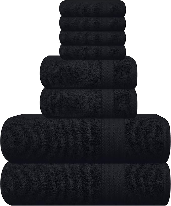 GLAMBURG Ultra Soft 8-Piece Towel Set - 100% Pure Ringspun Cotton, Contains 2 Oversized Bath Towels 27x54, 2 Hand Towels 16x28, 4 Wash Cloths 13x13 - Ideal for Everyday use, Hotel & Spa - Black