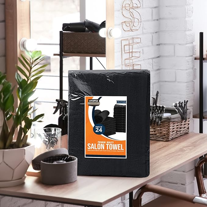 Utopia Towels Cotton Bleach Proof Salon Towels (16x27 inches) - Bleach Safe Gym Hand Towel (72 Pack, Black)