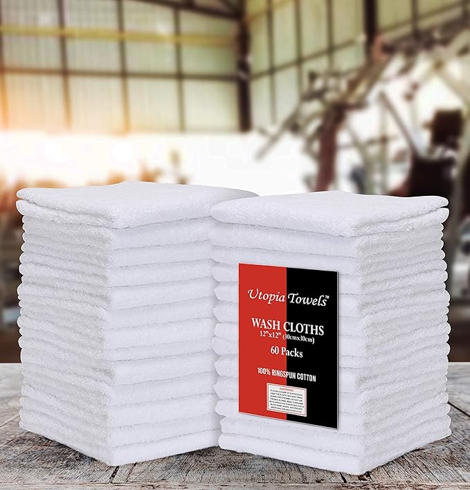 Utopia Towels 60 Pack Cotton Washcloths Set, 100% Ring Spun Cotton, Premium Flannel Face Cloths, Highly Absorbent and Soft Feel Fingertip Towels, White