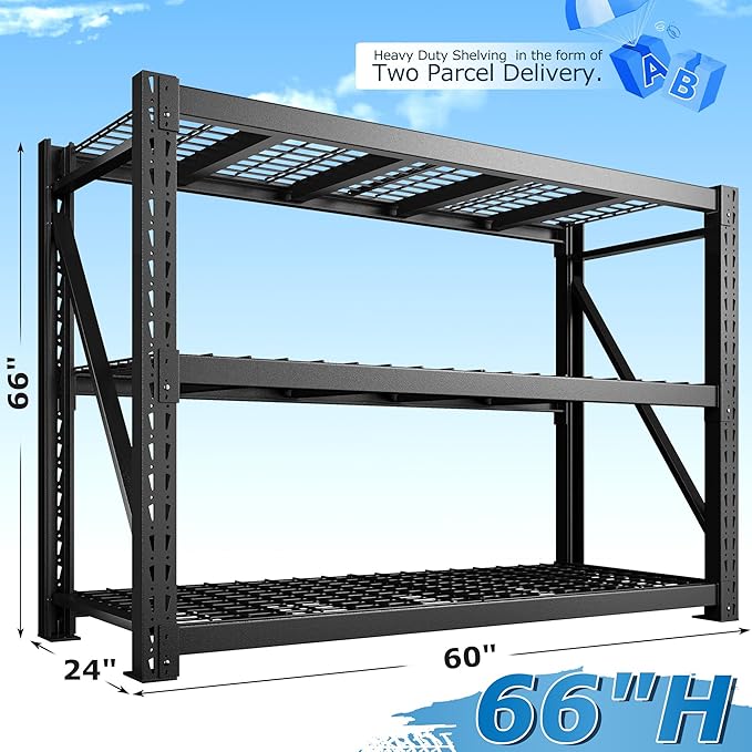Bepatio 8250LBS Garage Shelving Heavy Duty Storage Shelves Industrial Metal Shelving Adjustable 3-Tier Shelves for Garage, Warehouse Basement Storage Room 24" D × 60" W × 66" H