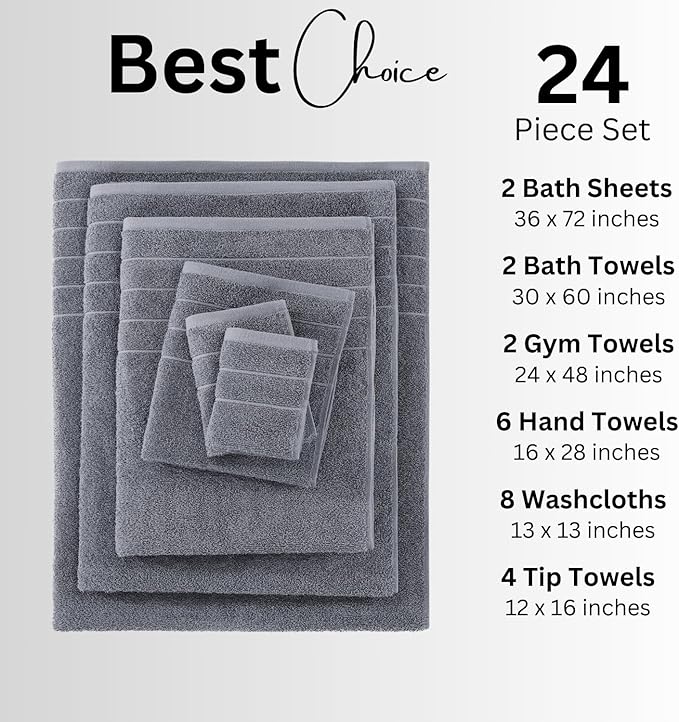 Casa Platino 100% Cotton Bath Towel Set – 24 Pc Set with Ring Spun Terry, Ultra Soft & Absorbent, Everyday Use Towels, Gentle on Skin, Maintains Texture After Wash – Cool Grey