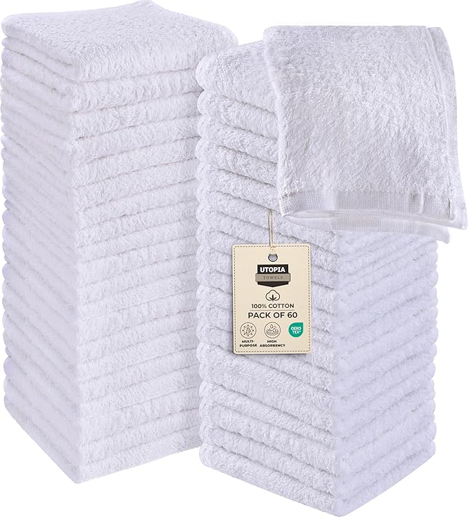 Utopia Towels 60 Pack Cotton Washcloths Set, 100% Ring Spun Cotton, Premium Flannel Face Cloths, Highly Absorbent and Soft Feel Fingertip Towels, White