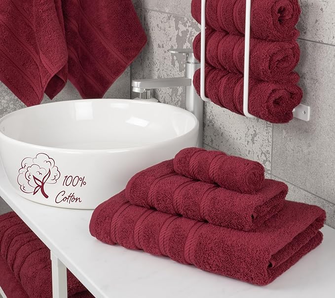 American Soft Linen Premium 3 Piece Towel Set, 1 Bath Towel 1 Hand Towel 1 Washcloth, 600 GSM 100% Cotton Turkish Towels for Bathroom, Bordeaux Red Towel Set