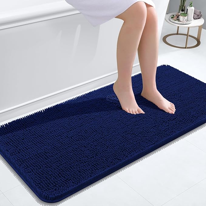 OLANLY Bathroom Rugs 47x20, Extra Soft Absorbent Chenille Bath Rugs, Rubber Backing Quick Dry, Machine Washable Bath Mats for Bathroom Floor, Tub and Shower, Home Decor Accessories, Navy