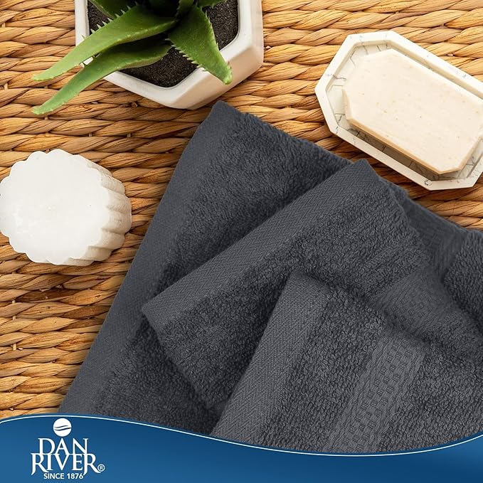 DAN RIVER 100% Ring Spun Cotton 3-Piece Towel Set, Dark Gray, Bath Towel, Hand Towel and Washcloths, 550 GSM - Soft, Absorbent Quick Dry Cotton Towels for Bathroom, Spa, and Gym