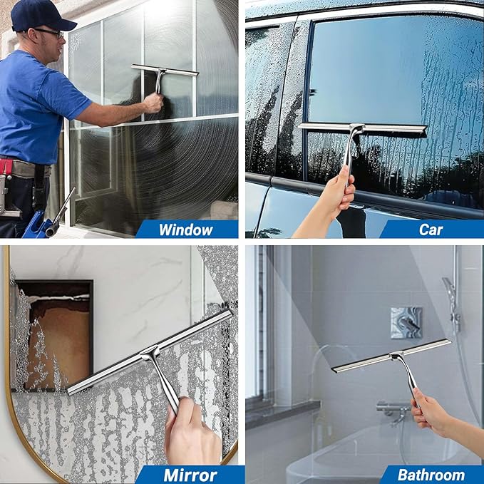 ecooe Stainless Steel Shower Squeegee with Hook, 12″ Shower Glass Cleaner Wiper Scraper with 2 Replacement Blade Window Squeegee for Home Bathroom Kitchen Car Glass Doors