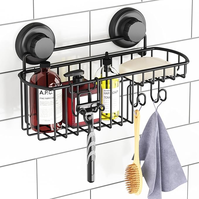 HASKO Shower Caddy Suction Cup, Shower Shelf with Soap Dish and Hooks Organizer, Suction Bathroom Shelf for Storage, Wall Mounted Basket, Black