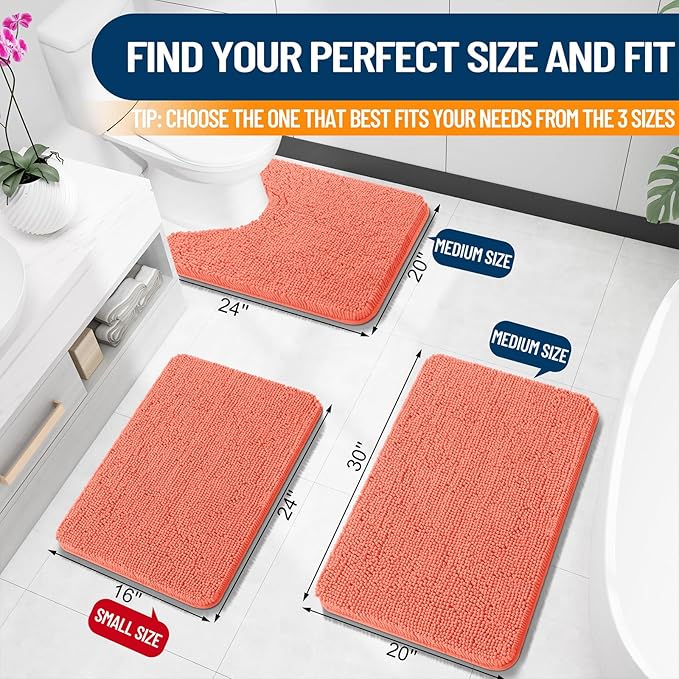 OLANLY Bathroom Rugs 24x16, Extra Soft Absorbent Chenille Bath Rugs, Rubber Backing Quick Dry, Machine Washable Bath Mats for Bathroom Floor, Tub and Shower, Home Decor Accessories, Coral