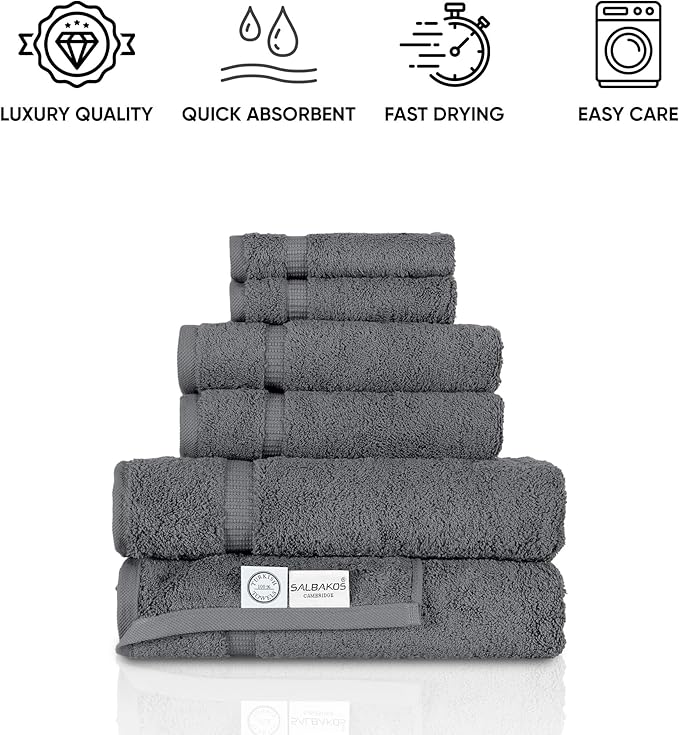 SALBAKOS 100% Turkish Cotton 6-Piece Towel Set | Heirloom Quality Hotel & Spa Collection | Ultra Soft, Super Absorbent 2 Washcloth, 2 Hand, 2 Bath Towel Sets | Made in Turkey (Gray, 6 Piece Towel Set)