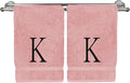 Monogrammed Hand Towel, Personalized Initial Gift, Extra Absorbent 100% Turkish Cotton - Soft Terry Finish - Set of 2 - Black Block Initial K - Embroidered on Pink Towels