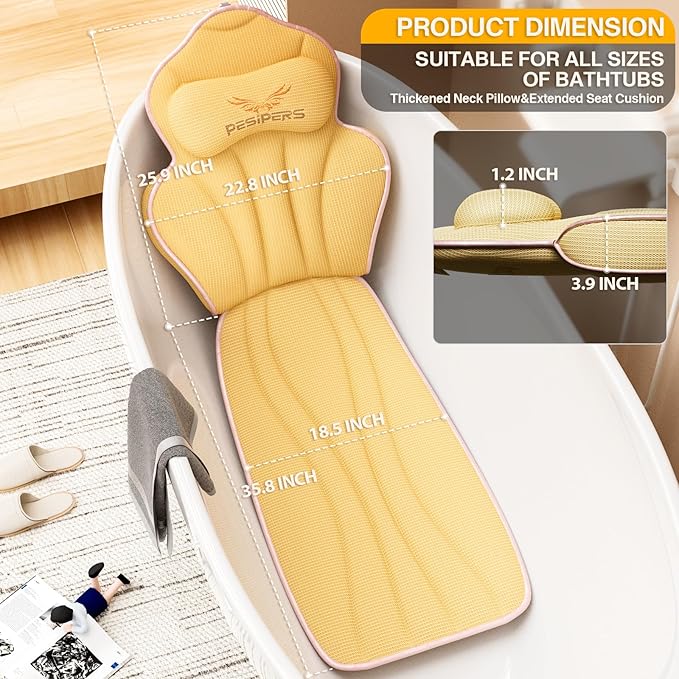 Ergonomic Full Body Bath Pillow for Bathtub, 3.9 inch Thickened Tub Pillows for Back Support and Headrest Neck, Soft 5D Air Mesh Cushion & Mat, Bathtub Pillow with 13 Suction Cups(Gold)