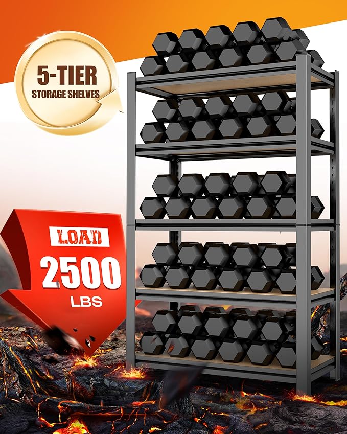 Set of 2 Storage Shelves, 45.6" W Heavy Duty Garage Shelving, 2500LBS Metal Shelf, Adjustable 5-Tier Shelving Unit, for Pantry, Kitchen, Basement, Warehouse, 17.7" Dx45.6 Wx71.2 H, Black