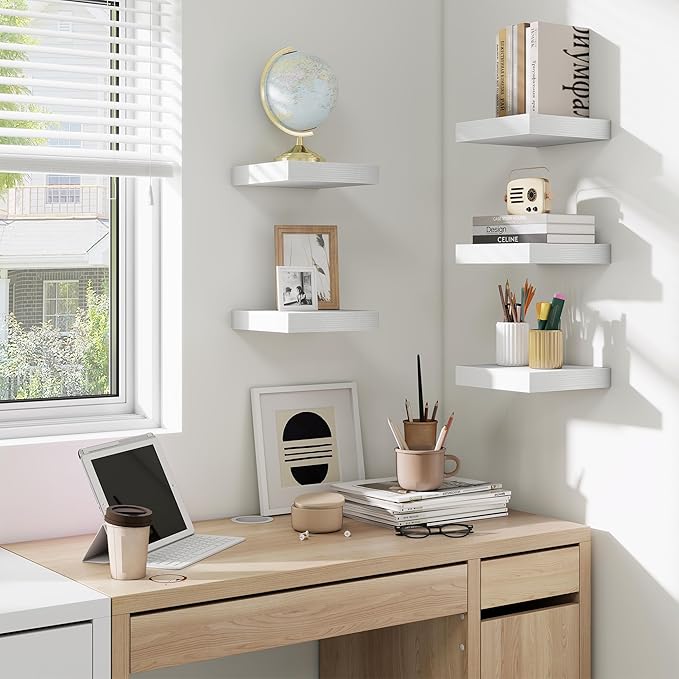 fuqing Floating Shelves for Wall, Wall Mounted Wood Floating Shelf with Invisible Brackets for Living Room, Bathroom, Bedroom, Kitchen Storage and Decor,6.5 Inch Set of 3, White