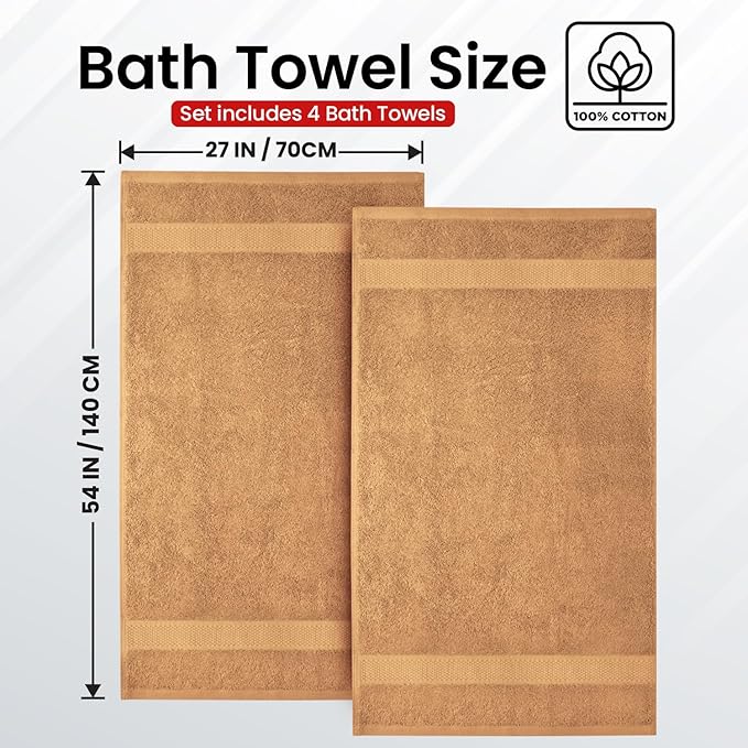 Infinitee Xclusives Luxury 100% Ring-Spun Cotton Bath Towels Set of 4 (27x54 inches) – Soft, Absorbent & Quick-Drying Towels for Bathroom, Gym, Spa & Hotel Use (Cosmic Sand, Bath Towels)