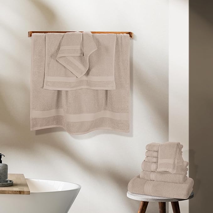 GLAMBURG Ultra Soft 24-Piece Towel Set - 100% Pure Ringspun Cotton, Contains 8 Oversized Bath Towels 27x54, 8 Hand Towels 16x28, 8 Wash Cloths 13x13 - Ideal for Everyday use, Hotel & Spa - Tan