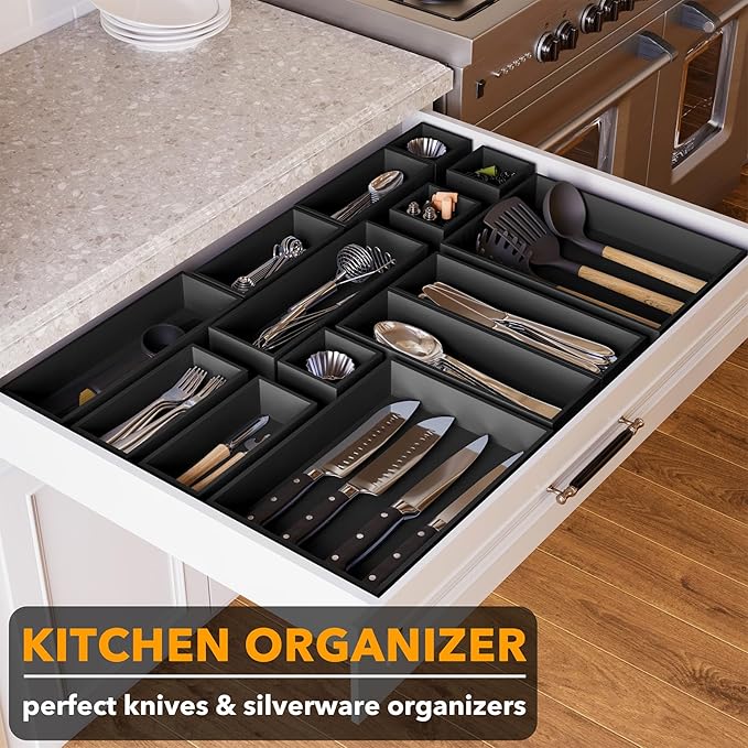 SpaceAid 14-Piece Bamboo Drawer Organizer Storage Boxes Set, Wood Tray Junk Drawer Organizers Multi-Use Divider Bins for Kitchen, Bathroom, Office Desk and Makeup Organization (14 Pack, Black)