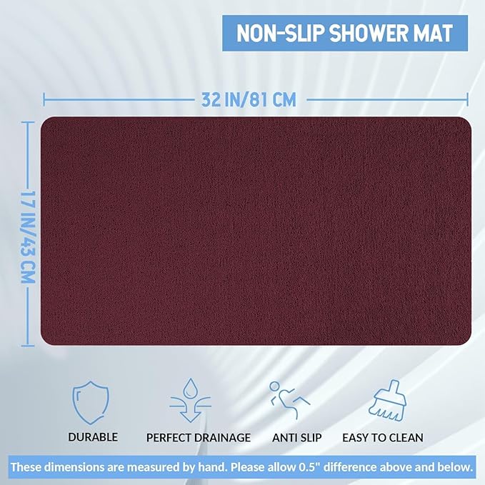 Non-Slip Bathtub Mat, Anti Slip Shower Mat, Fast Drying Bathtub Mats, Foot Scrubber Mat, Anti Slip Mat for Tub, Floor, Bathroom, Kitchen, Home, Hotel (Wine Red 32"×17")