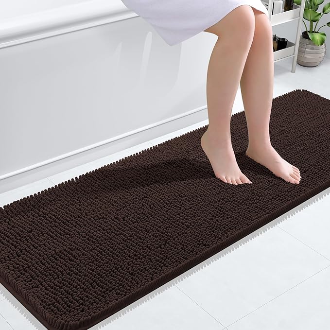 OLANLY Bathroom Rugs 59x20, Extra Soft Absorbent Chenille Bath Rugs, Rubber Backing Quick Dry, Machine Washable Bath Mats for Bathroom Floor, Tub and Shower, Home Decor Accessories, Brown
