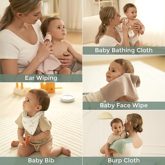 Momcozy Baby Washcloths - 4 Layer Design| Medium Thickness| Premium Cotton for Newborns' Skin-Great for Bathing, Wiping & on-The-go Use, Shower Gift and Essential(5 Pack, 10x10 inch)