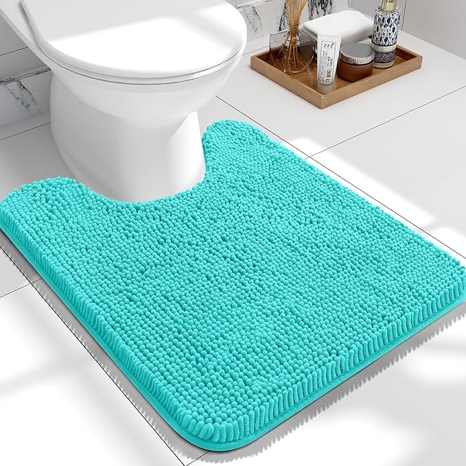 OLANLY Toilet Rugs U-Shaped 24x20, Extra Soft Absorbent Chenille Contour Bathroom Rugs for Toilet, Dry Quickly, Machine Washable, Non-Slip Bath Mat, Teal