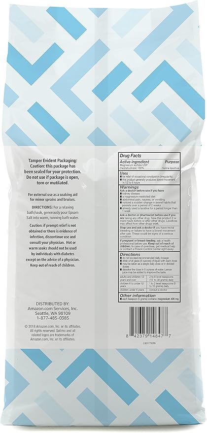 Amazon Brand - Solimo Epsom Salt Soak, Magnesium Sulfate USP, Unscented, 8 pound (Pack of 3)